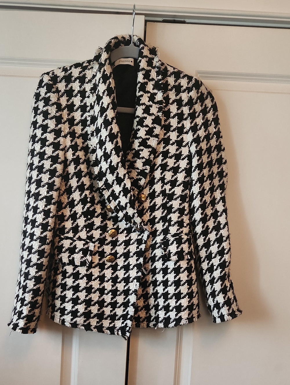 Zara Black & White Houndstooth Double-Breasted Blazer